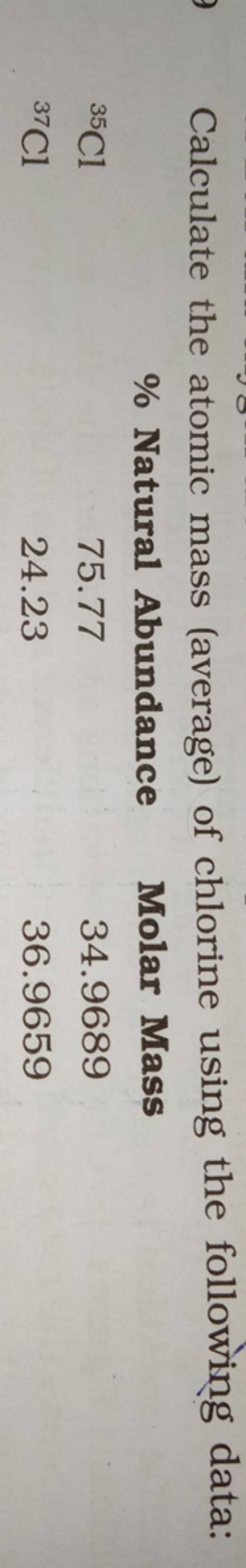 Calculate The Atomic Mass Average Of Chlorine Using The Following Data