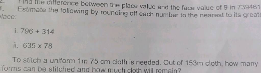Find The Difference Between The Place Value And The Face Value Of 9 In 73 