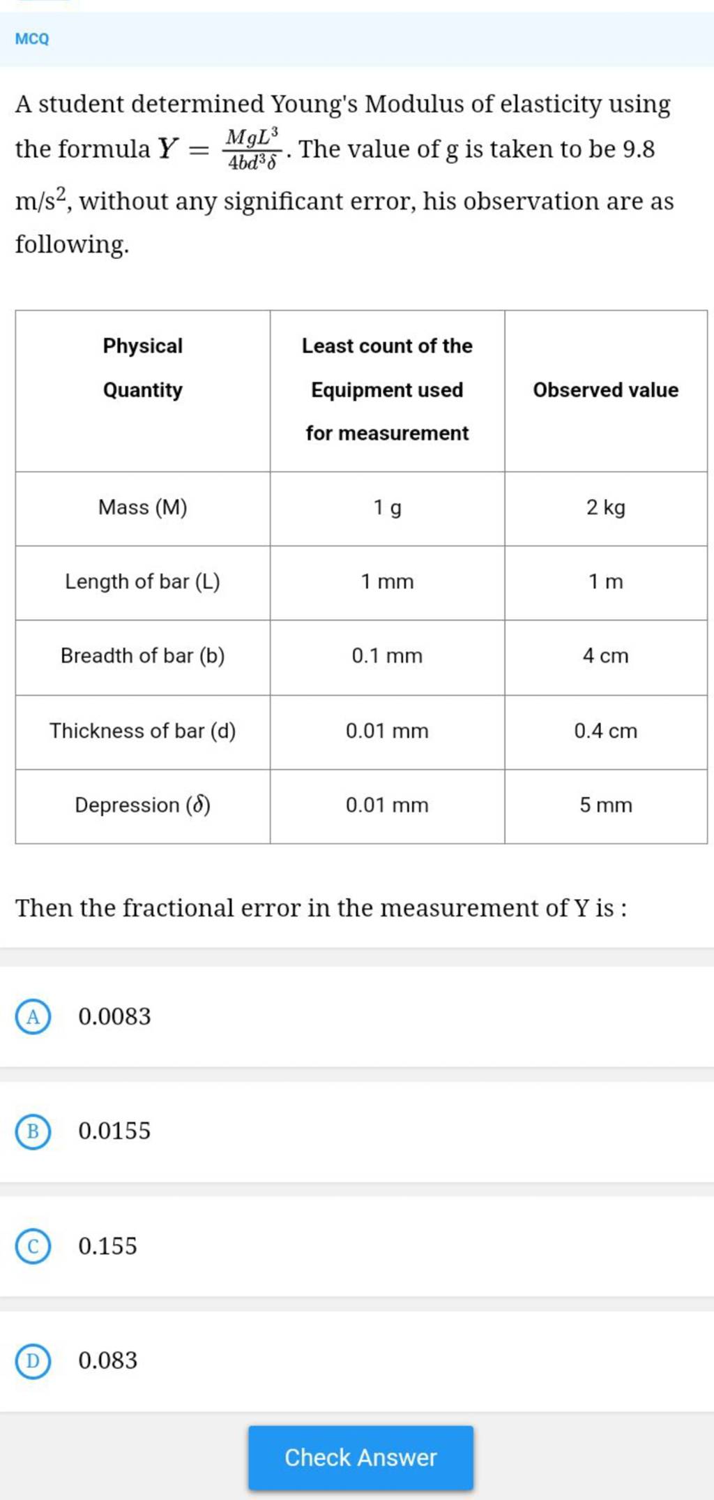 MCQ A student determined Young's Modulus of elasticity using the formula