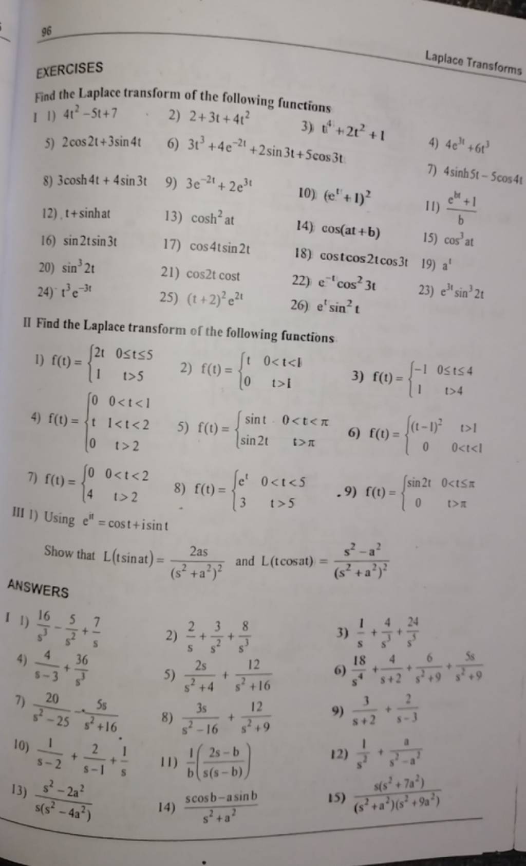 96 Exercises Laplace Transforms Find The Laplace Transform Of The Followi 