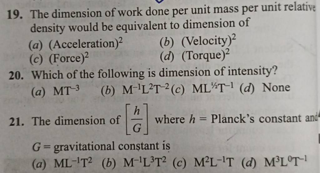 The dimension of work done per unit mass per unit relative density would