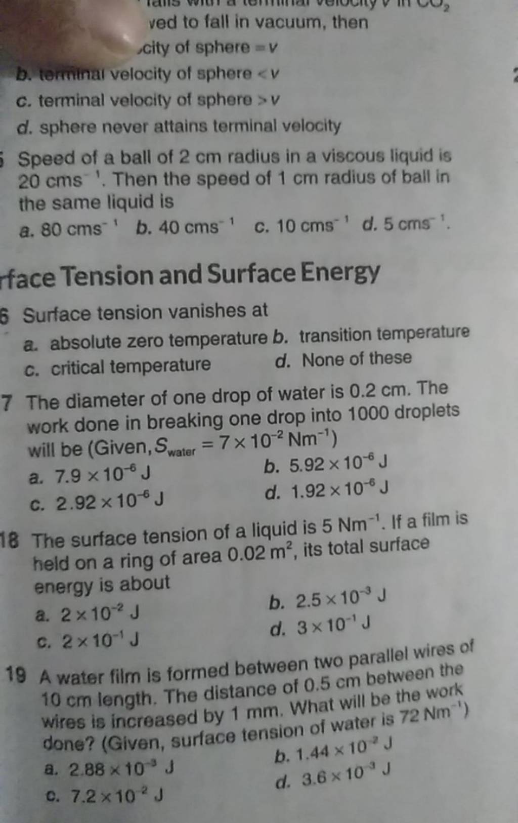 face Tension and Surface Energy Surface tension vanishes at Filo