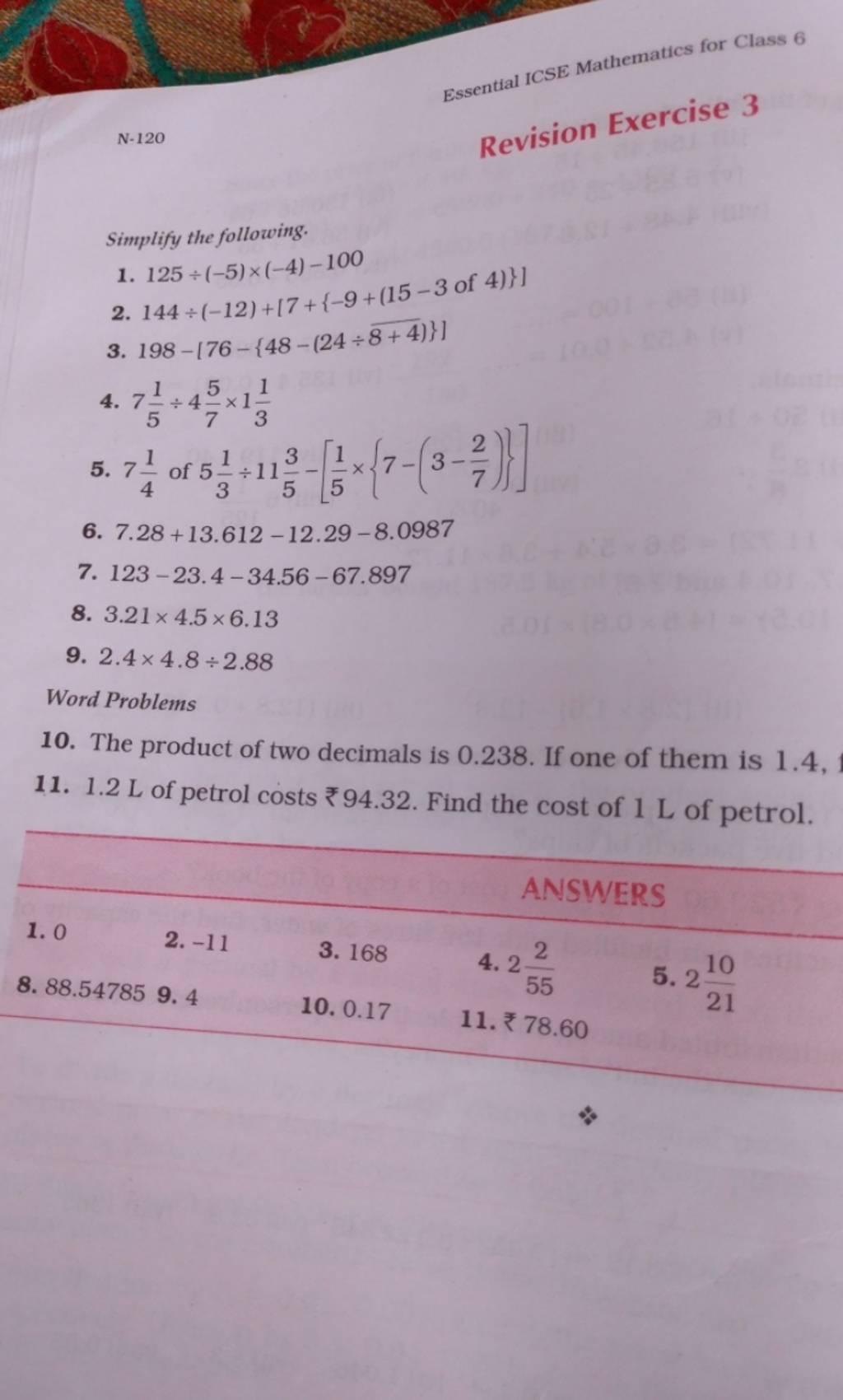 Essential ICSE Mathematics For Class 6 N 120 Revision Exercise 3 Simplify 