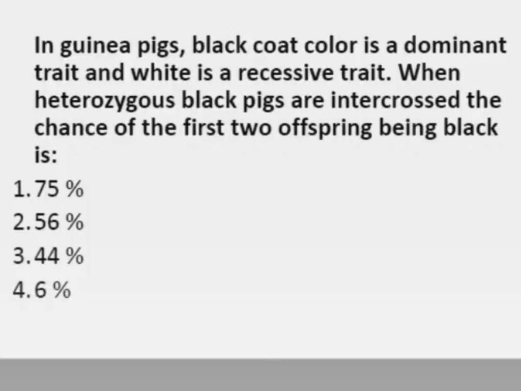 In guinea pigs, black coat color is a dominant trait and white is a re