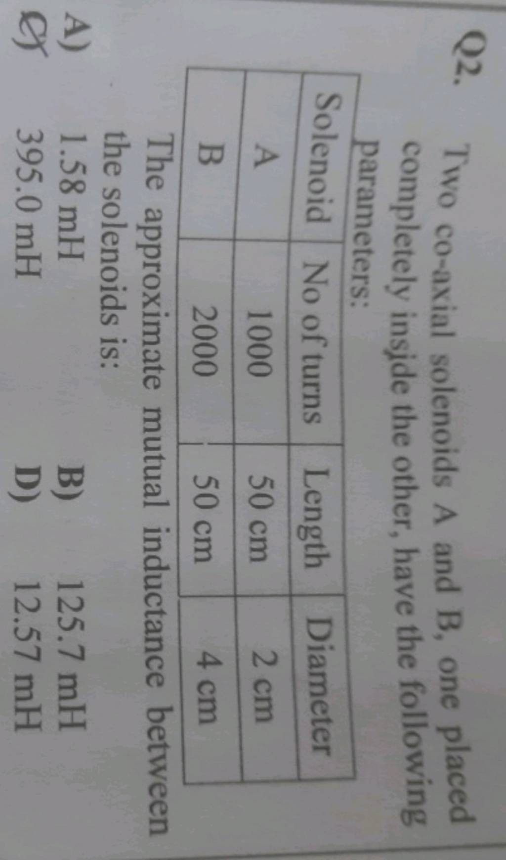 Q2. Two coaxial solenoids A and B, one placed completely insjde the othe..