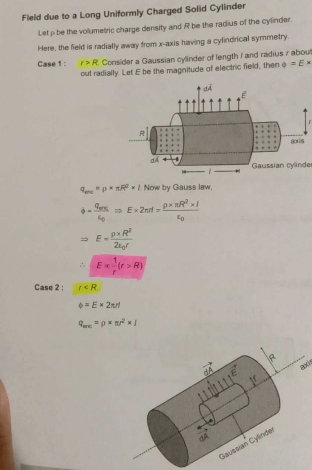 Field due to a Long Uniformly Charged Solid Cylinder Let ρ be the volumet..