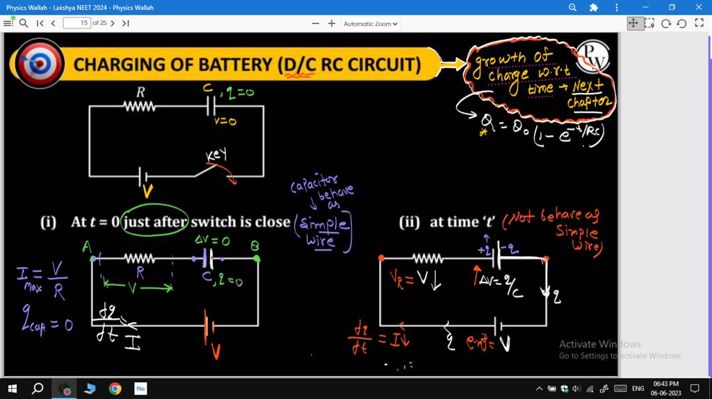 Physics WallahLakshya NEET 2024 Physics Wallah =QK >1 I=V Max R 2 cap...