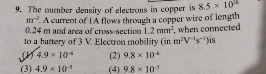 The number density of electrons in copper is 8 5×1028 m−3 A current of 1 The number density of electrons in copper is 8 5×1028 m−3 A current of 1
