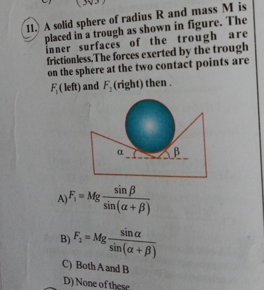 A solid sphere of radius R and mass M is placed in a trough as shown in f..