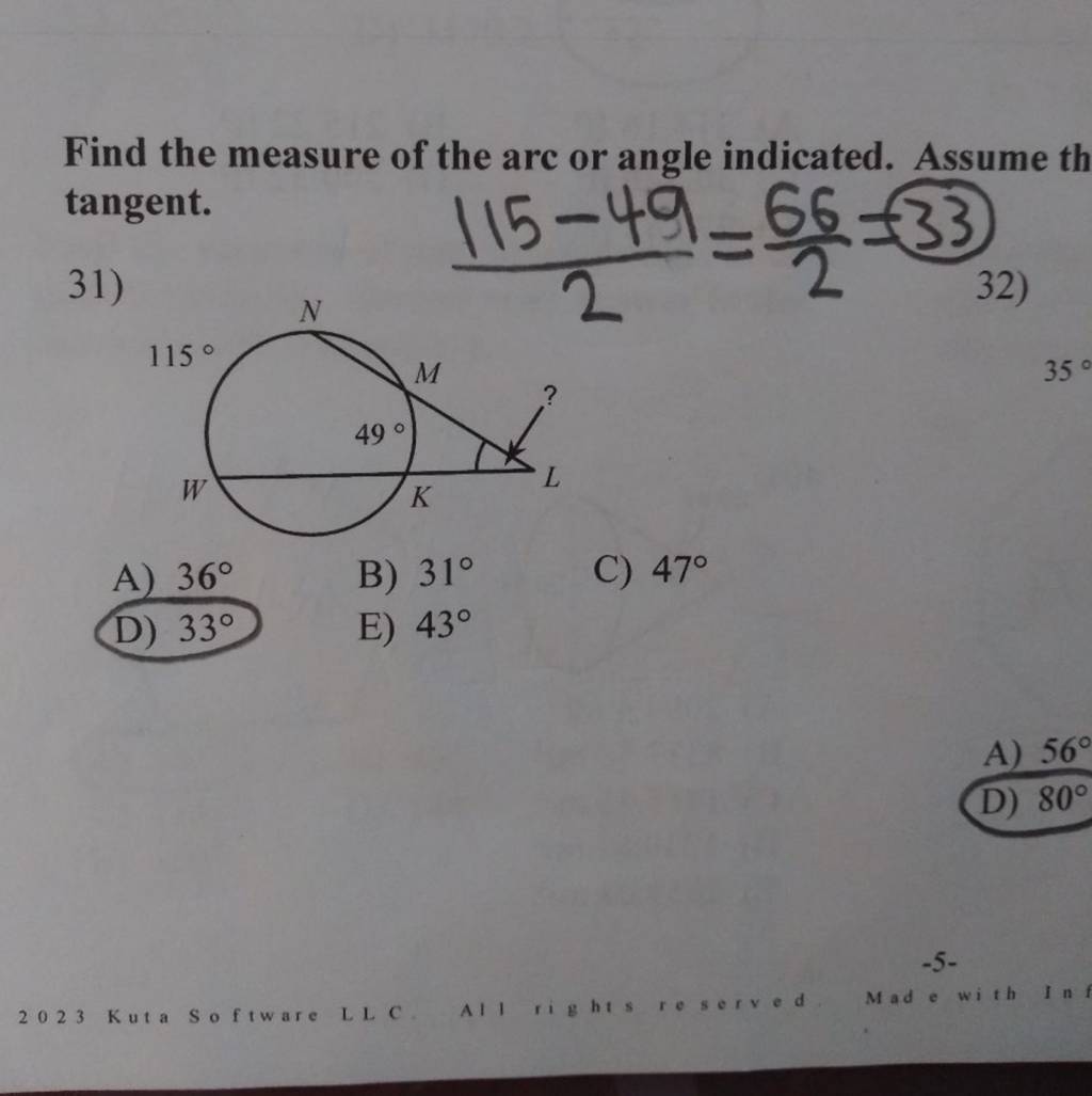 Find the measure of the arc or angle indicated. Assume tangent. 31) | Filo - How To Find The Measure Of An Indicated Angle
