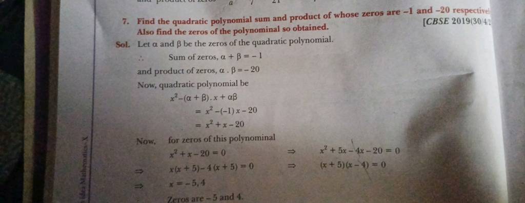 7 Find The Quadratic Polynomial Sum And Product Of Whose Zeros Are 1 An 4020