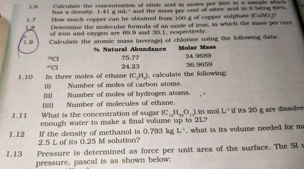 1.6 Calculate the concentration of nitric acid in moles per litre in a sa..
