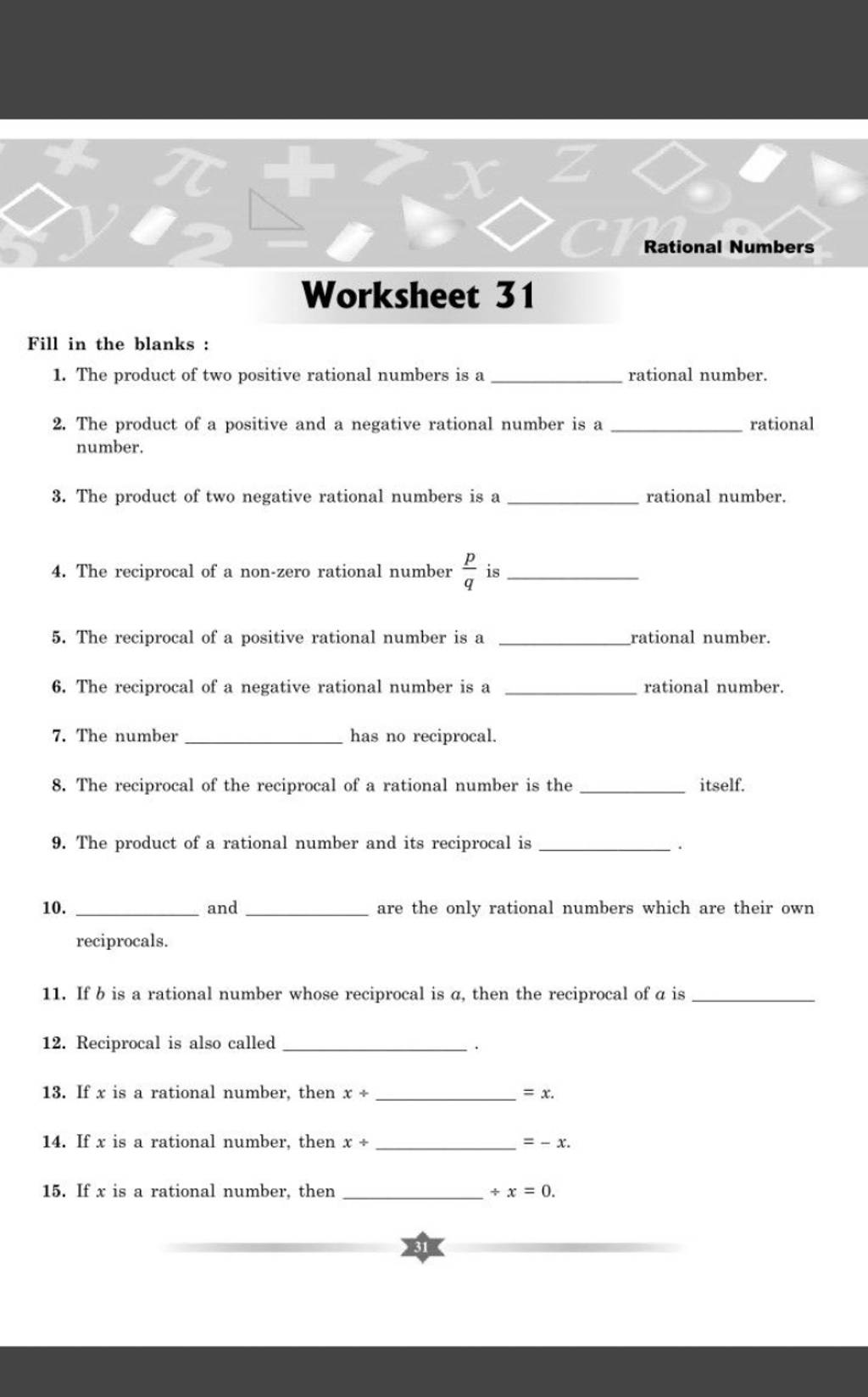 Rational Numbers Worksheet 31 Fill In The Blanks : | Filo