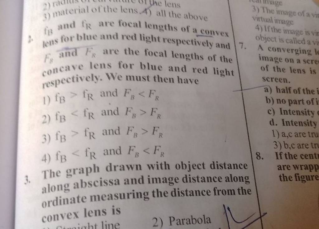 f3 and fR are focal lengths of a convex lens for blue and red light res..