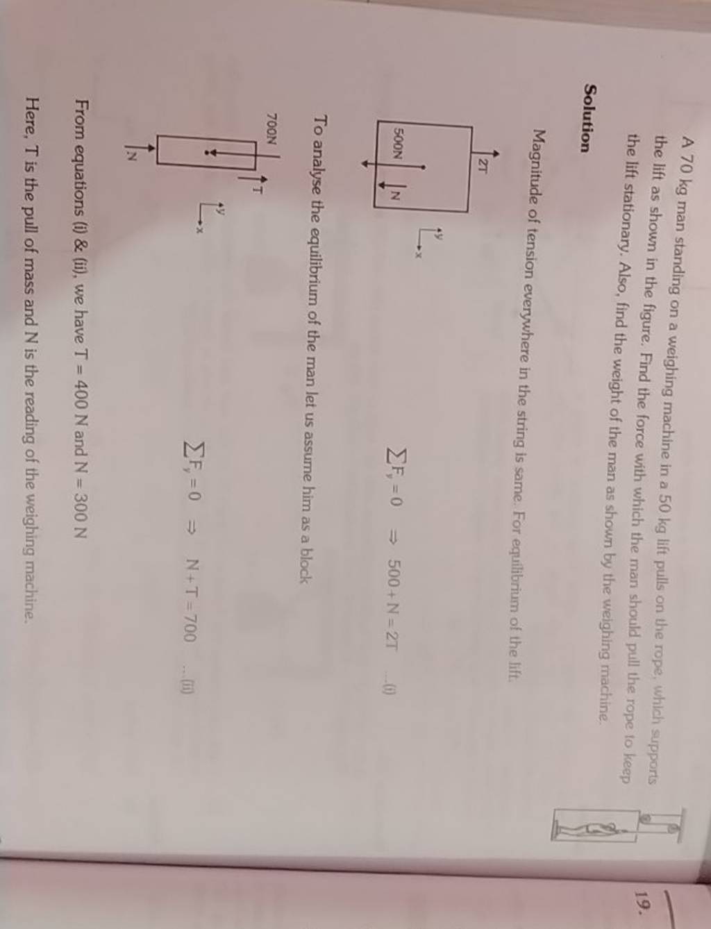 A 70 kg man standing on a weighing machine in a 50 kg lift pulls on the r..