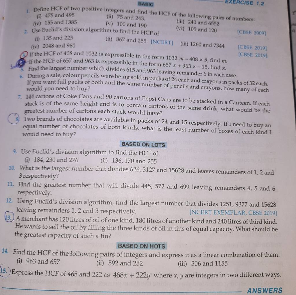 1. Define HCF of two positive integers and find the HCF of the following