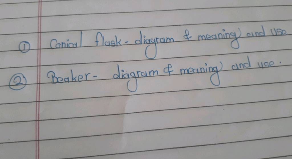 (1) Conical flaskdiagram \& meaning and Use (2) Beaker diagram of mean..