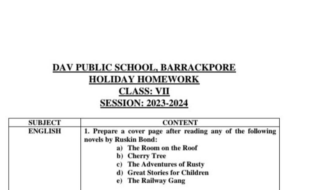 dav public school holiday homework 2023