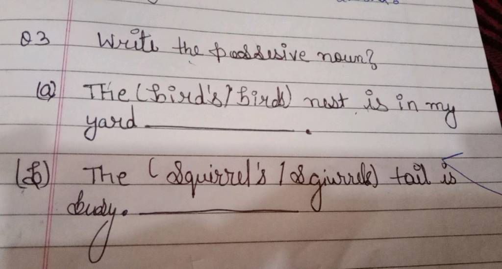 Q3 Write the possesive noun? (a) THe (hird's' firds) nest is in my yard.