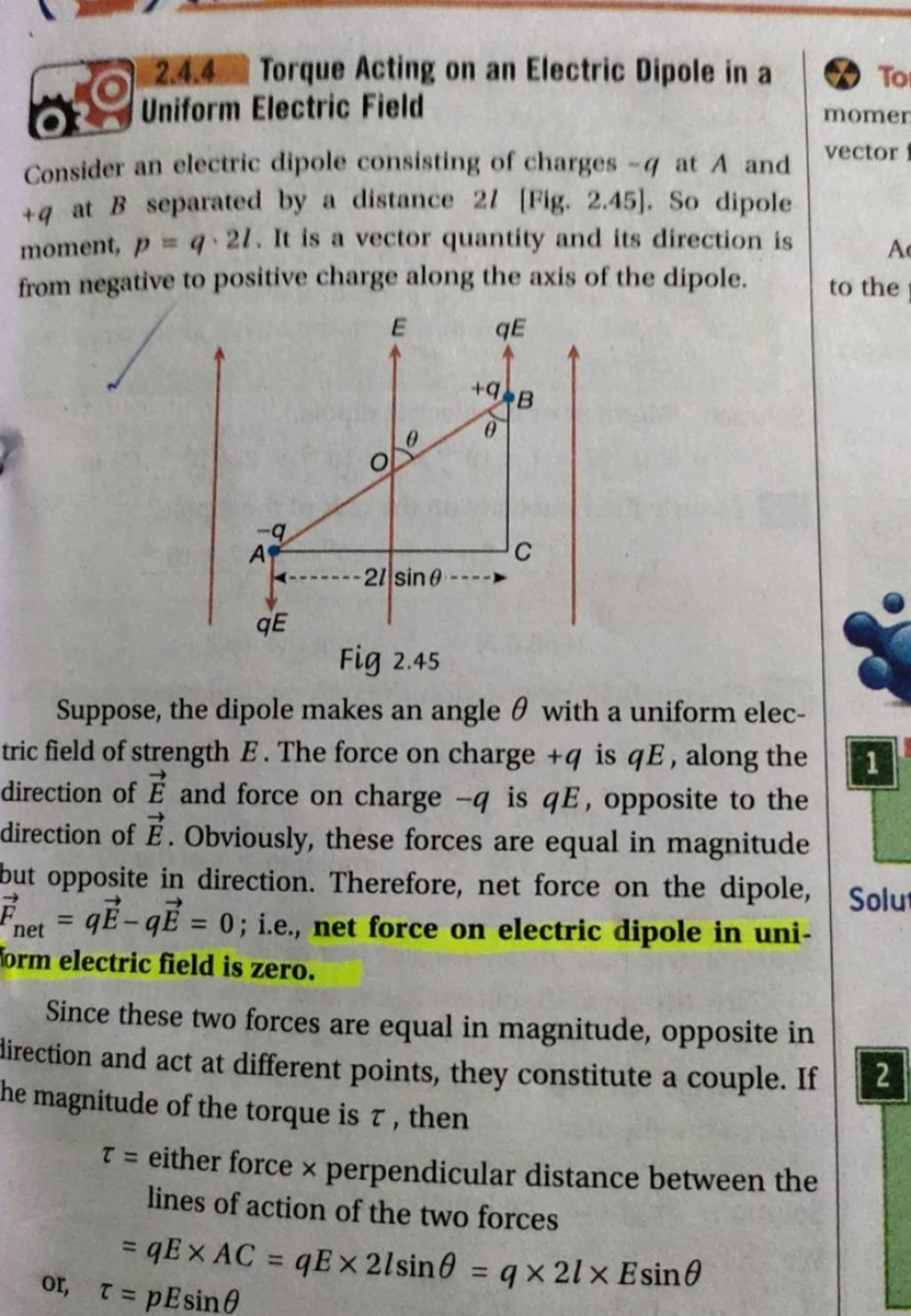 2.4.4 Torque Acting on an Electric Dipole in a Uniform Electric Field Co..