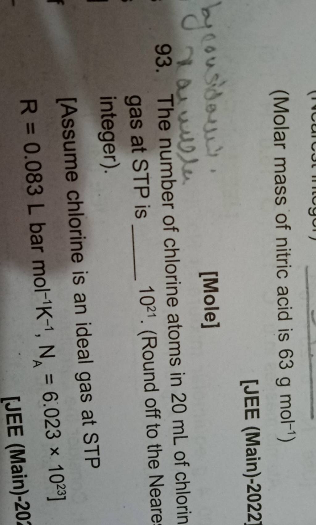 Molar Mass Of Nitric Acid Is 63 G Mol 1 JEE Main 2022 Mole 93 Th   1687250372722 Tbttdtwn 3968752 