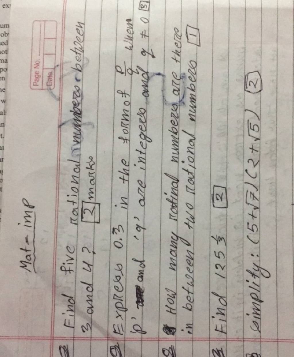 Mat Imp 2 Find Five Rational Numbers Between 3 And 4 2 Marks Q Expres 