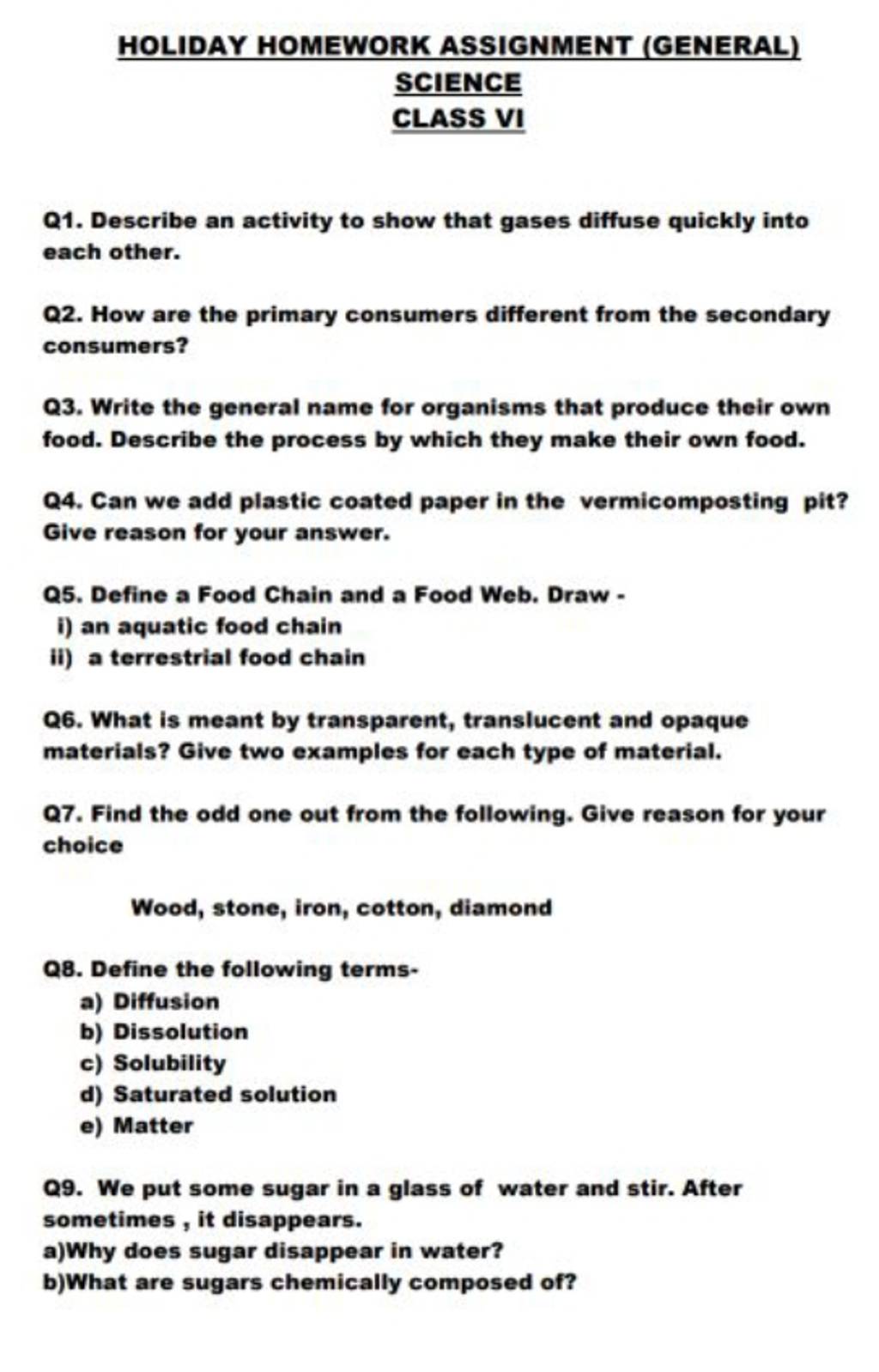 holiday homework for class 6 science cbse