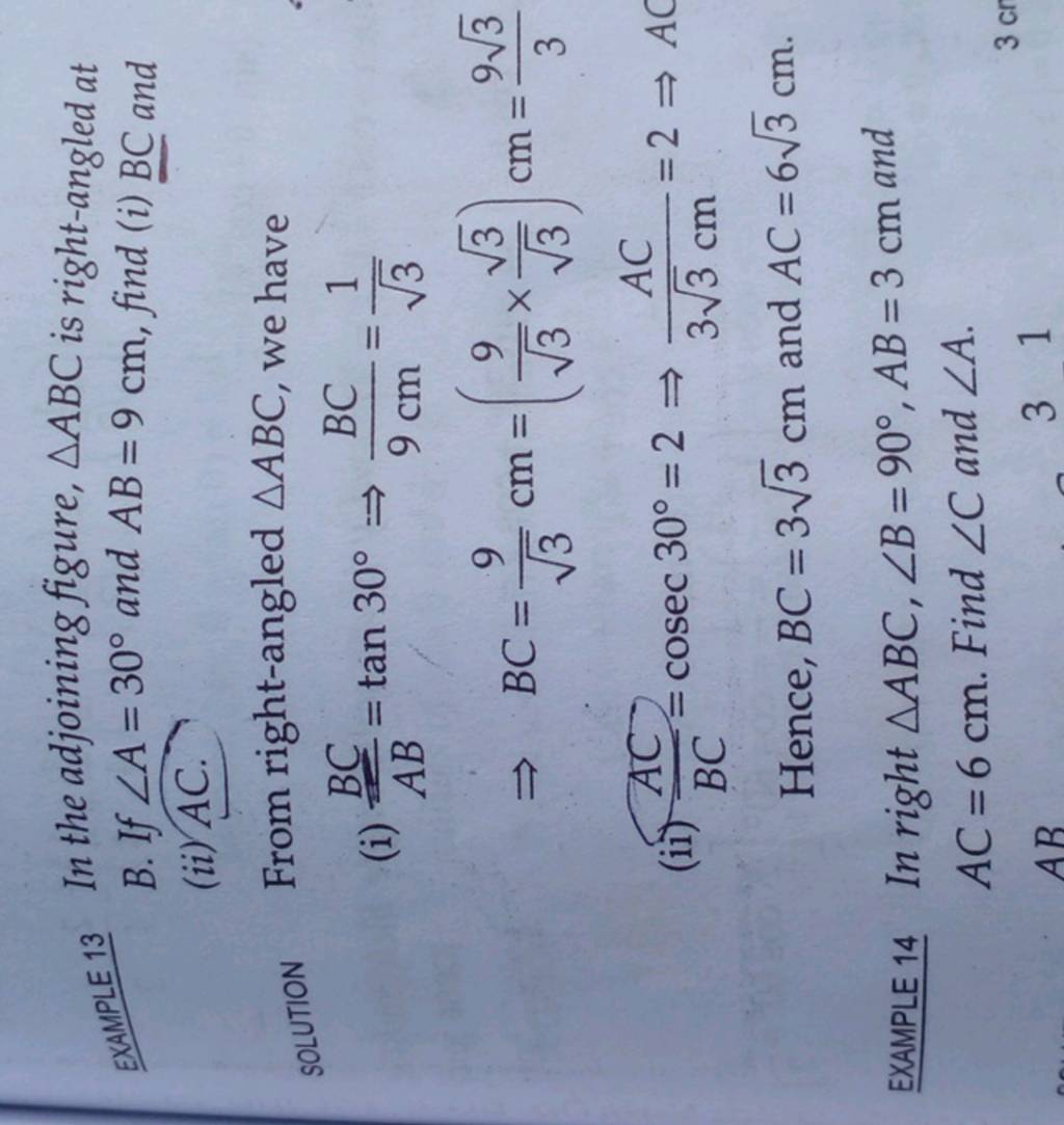 EXAMPLE 13 In The Adjoining Figure, ABC Is Right-angled At B. If ∠A=30∘