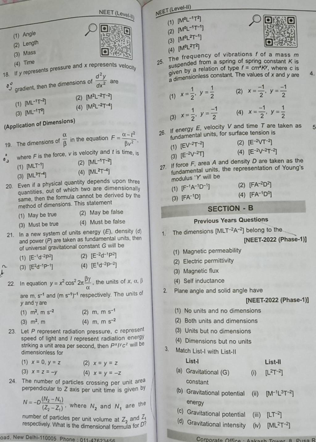 SECTION - B Previous Years Questions 1. The Dimensions [MLT−2A−2] Belong