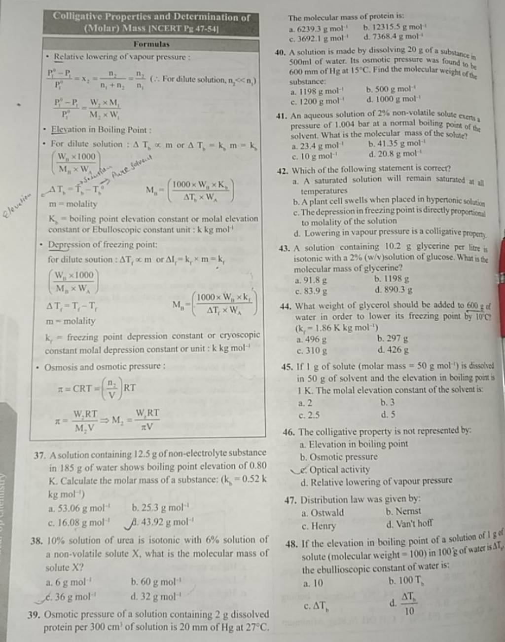 Colligative Properties and Determination of (Molar) Mass INCERT Pg 47-54]..