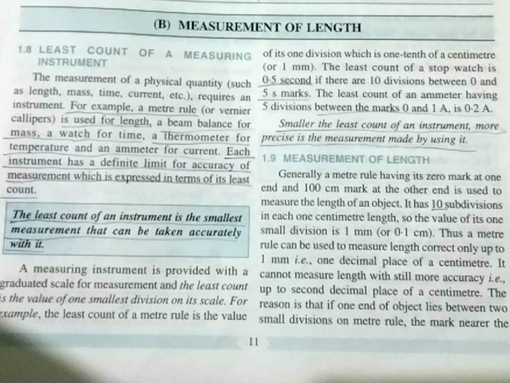 (B) MEASUREMENT OF LENGTH 1.8 LEAST COUNT OF A MEASURING INSTRUMENT The m..