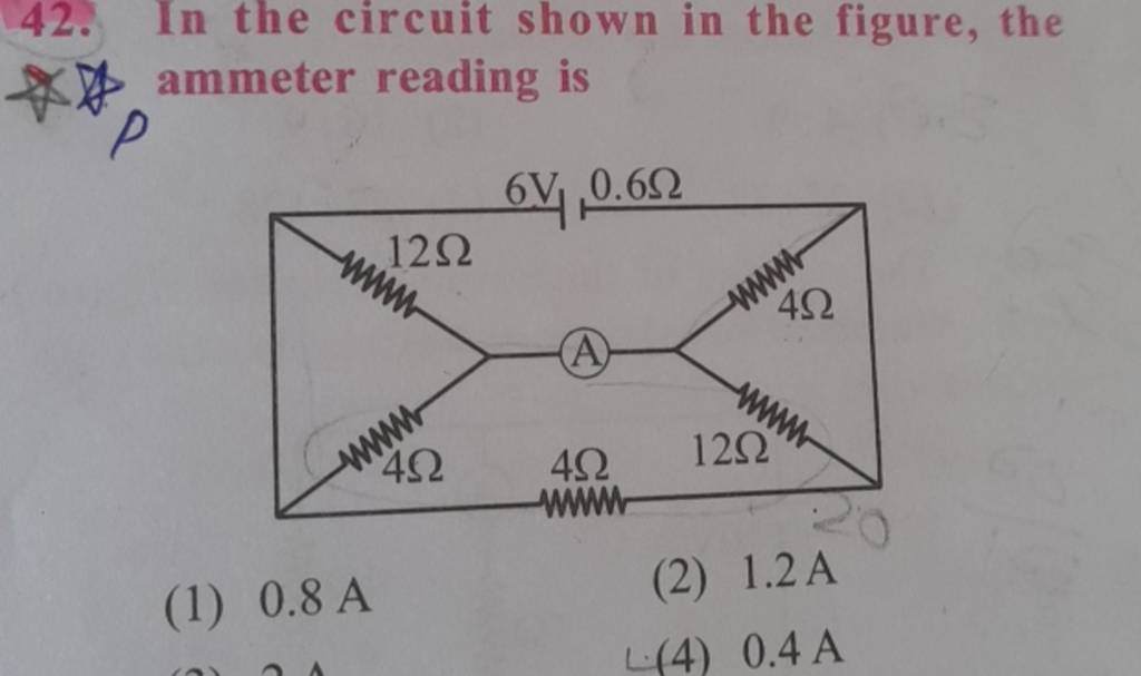 42. In the circuit shown in the figure, the ammeter reading is (1) 0.8 A