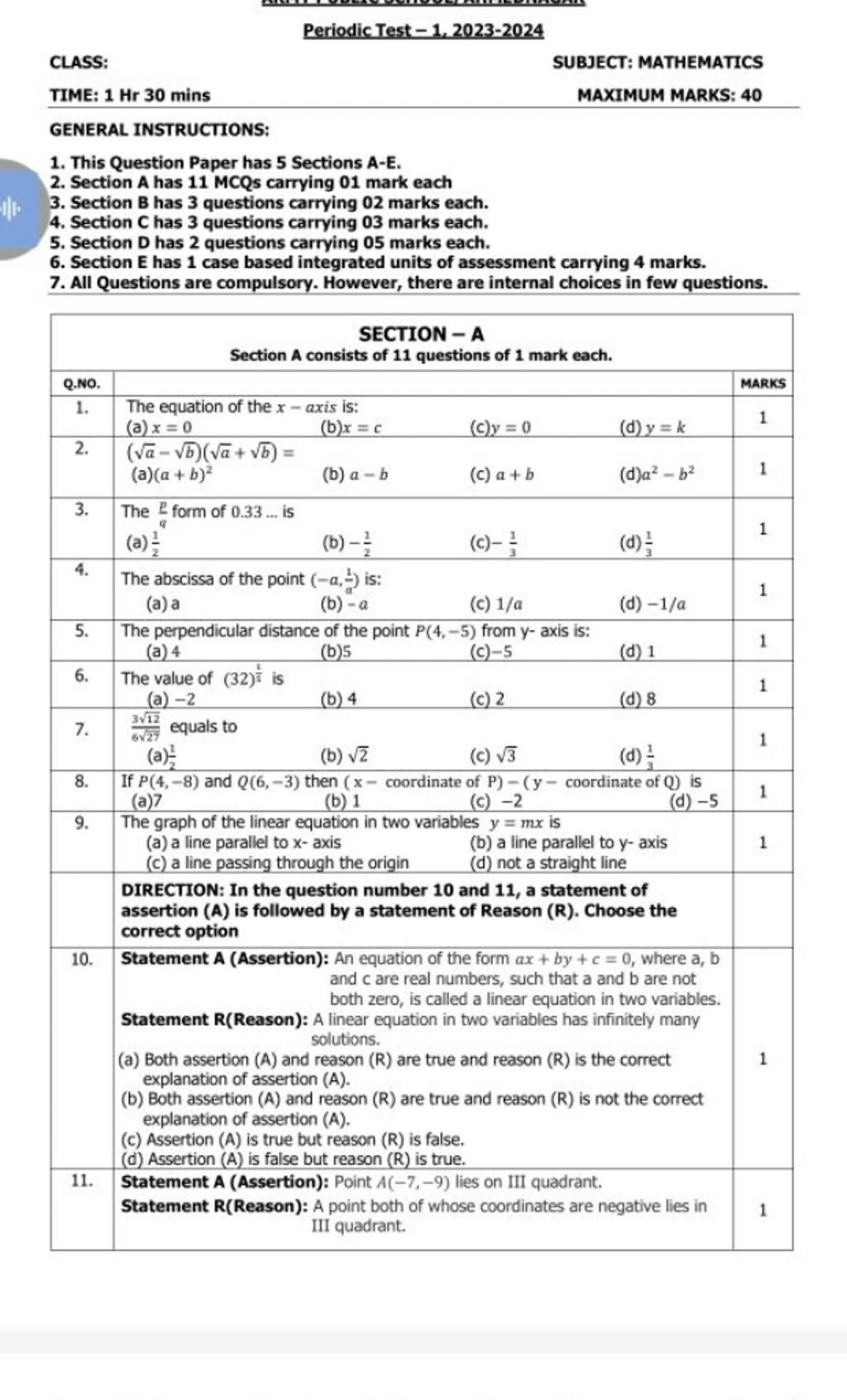 Periodic Test1, 20232024 CLASS TIME 1Hr30 mins SUBJECT MATHEMATICS M..