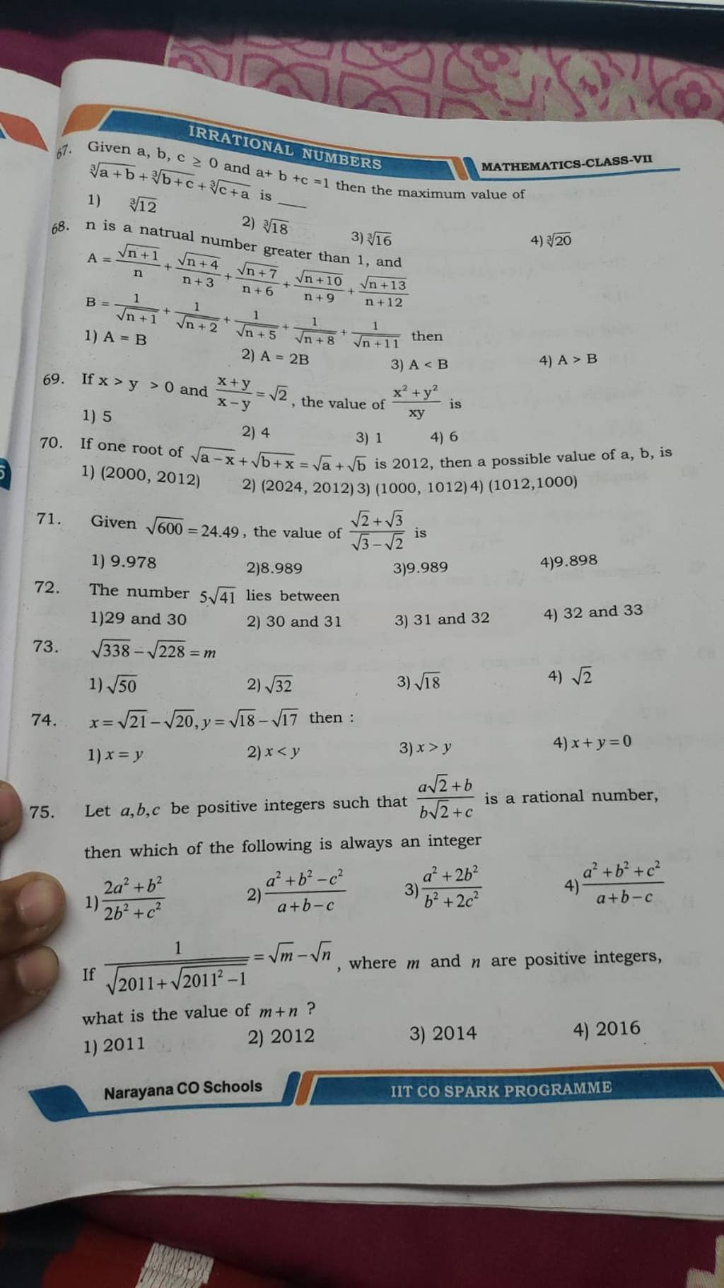 IRRATIONAL NUMBERS BERS MATHEMATICS-CLASS-VII 3a+b +3b+c +3c+a Is B=1 Th..