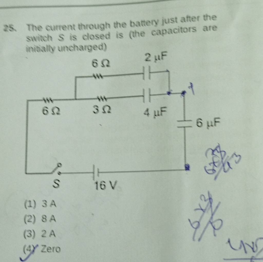 The current through the battery just after the switch S is closed is (the..