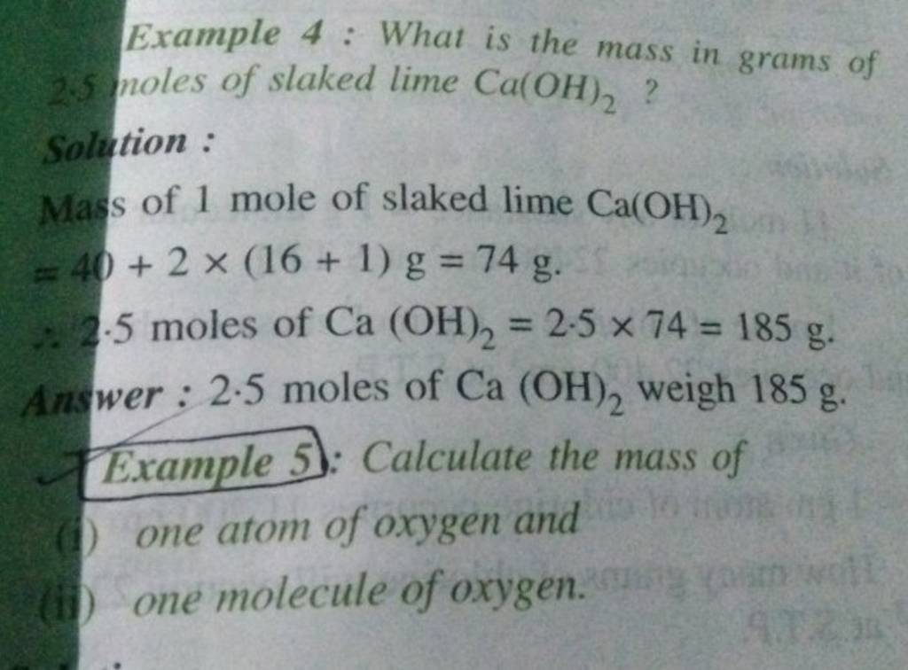 Example 4 What is the mass in grams of noles of slaked lime Ca(OH)2 ? S..
