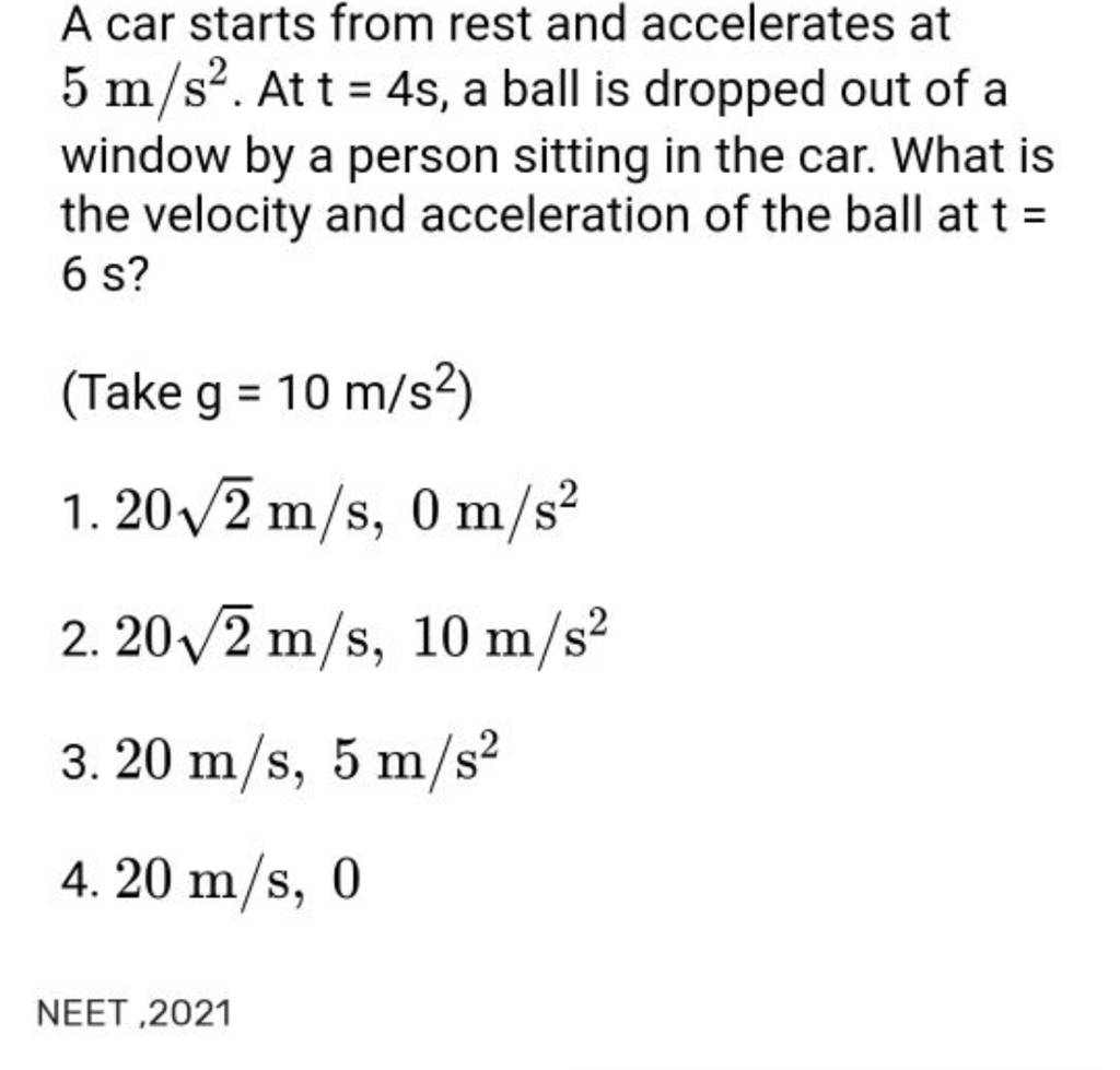 A car starts from rest and accelerates at 5 m/s2. At t=4 s, a ball is dro..