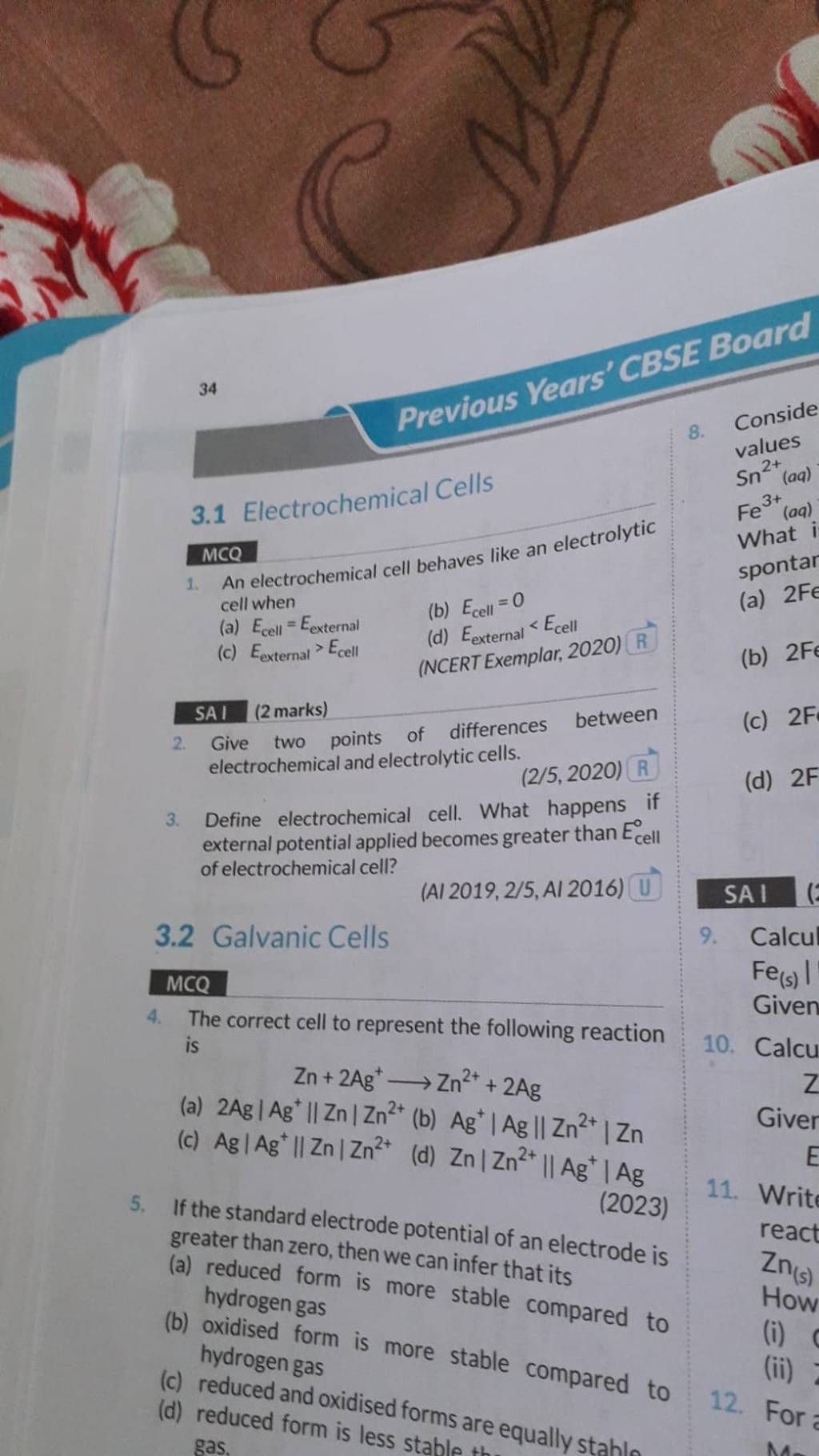 3.2 Galvanic Cells MCQ 4. The correct cell to represent the following rea..