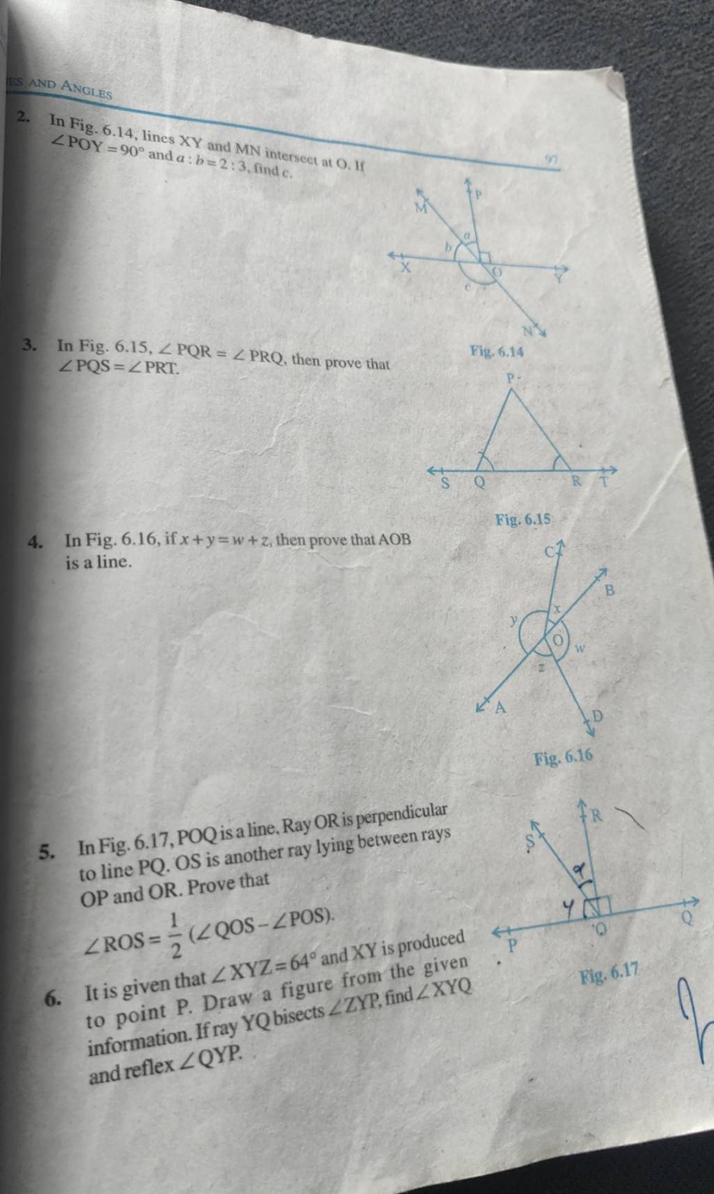 2 In Fig 6 14 Lines Xy And Mn Intersect At 0 If ∠poy 90∘ And A B 2 3