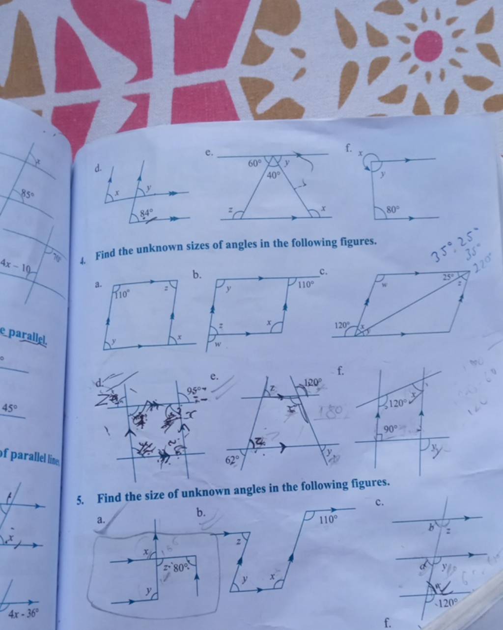 E 4 Find The Unknown Sizes Of Angles In The Following Figures 5 Find 2543