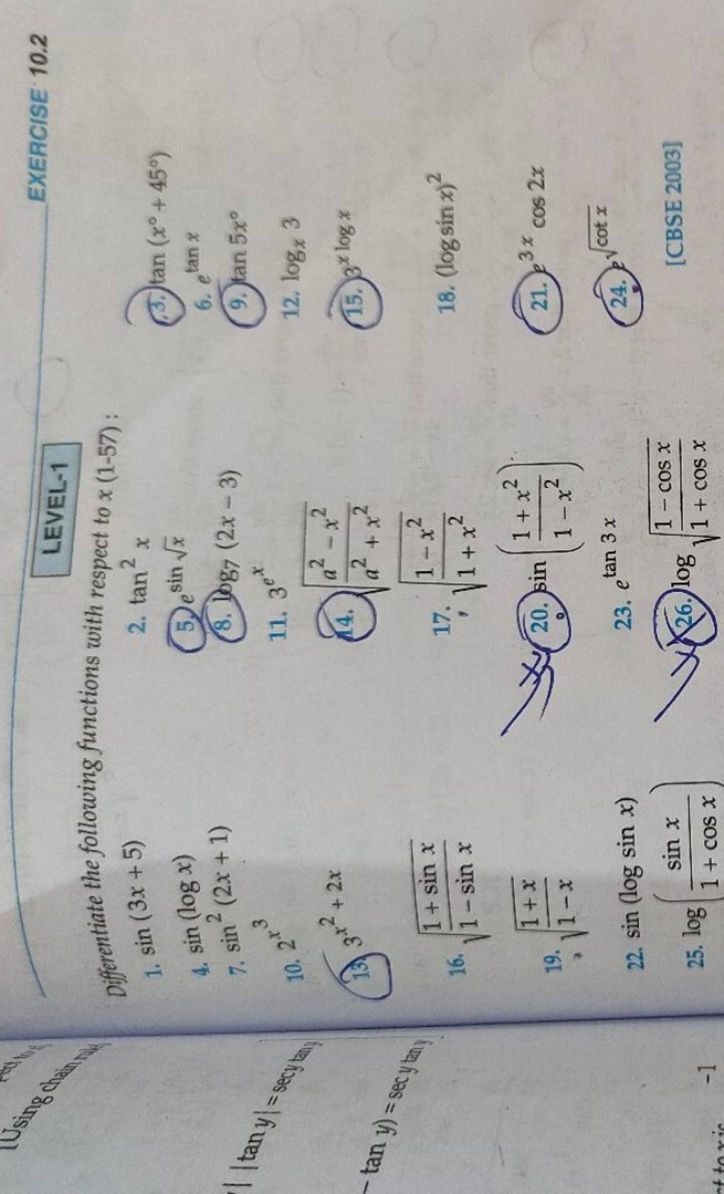 LEVEL-1 EXERCISE 10.2 Differentiate the following functions with respect