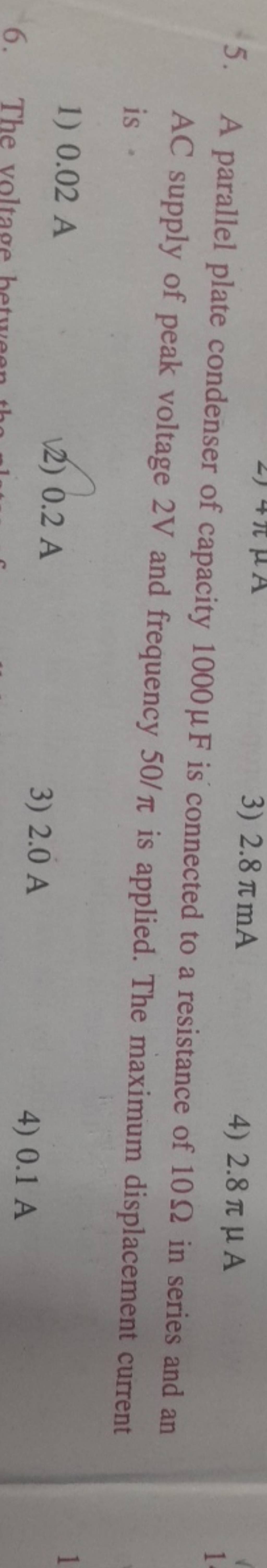 A parallel plate condenser of capacity 1000μF is connected to a resistanc..
