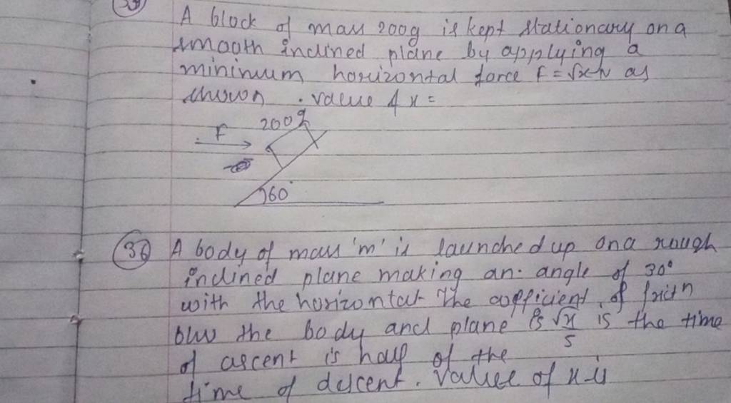 A block of mass 200 g is kept stationary on a mouth inclined plane by app..