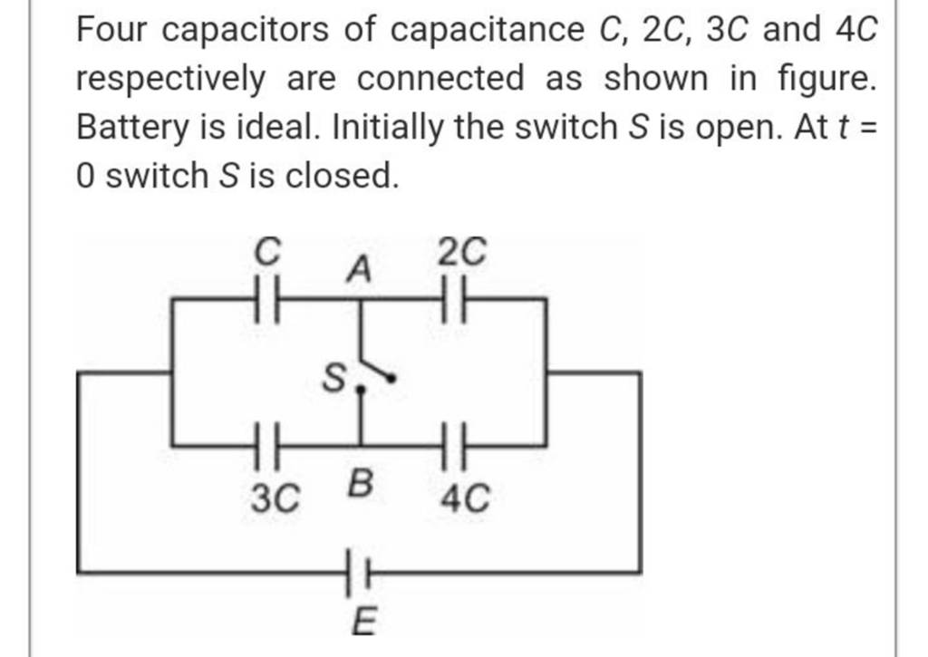 Four capacitors of capacitance C,2C,3C and 4C respectively are connected