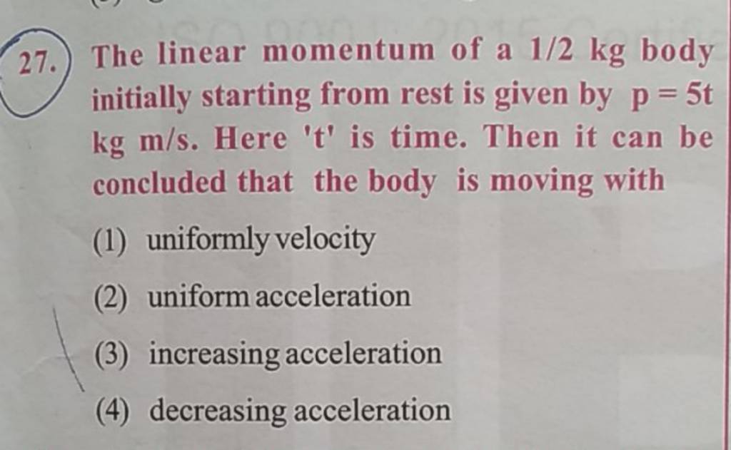 The linear momentum of a 1/2 kg body initially starting from rest is give..