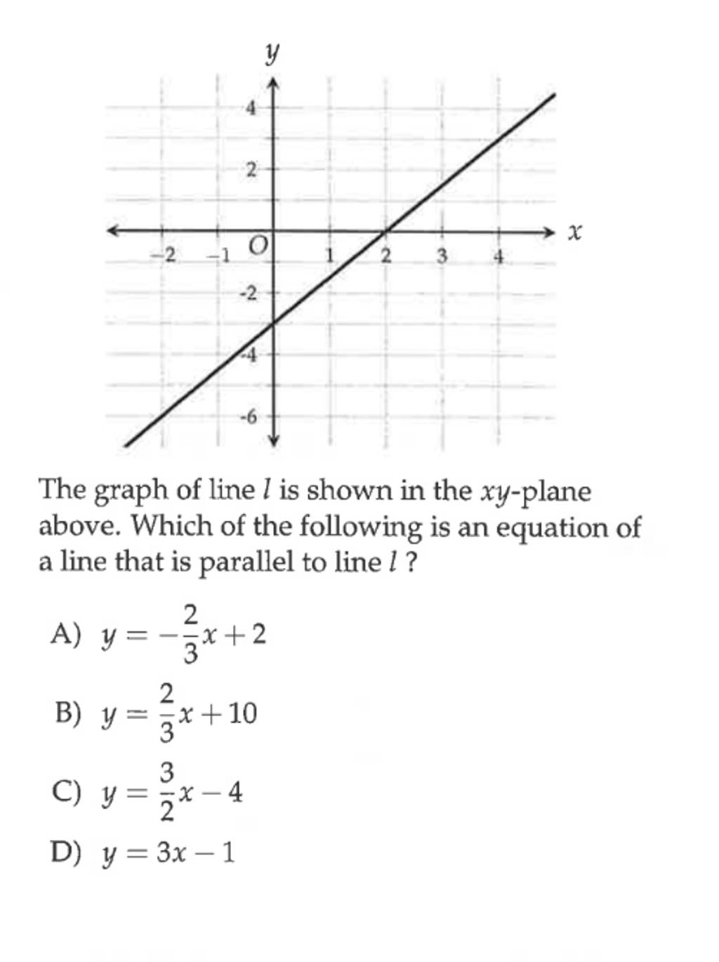 The graph of line l is shown in the xy-plane above. Which of the followin..