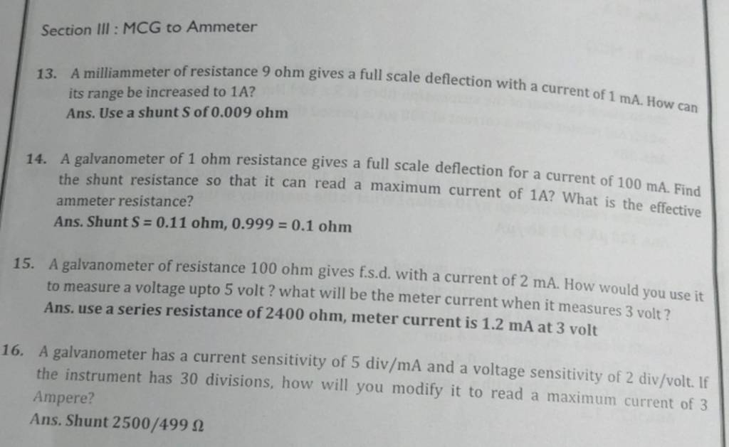Section III MCG to Ammeter 13. A milliammeter of resistance 9ohm gives