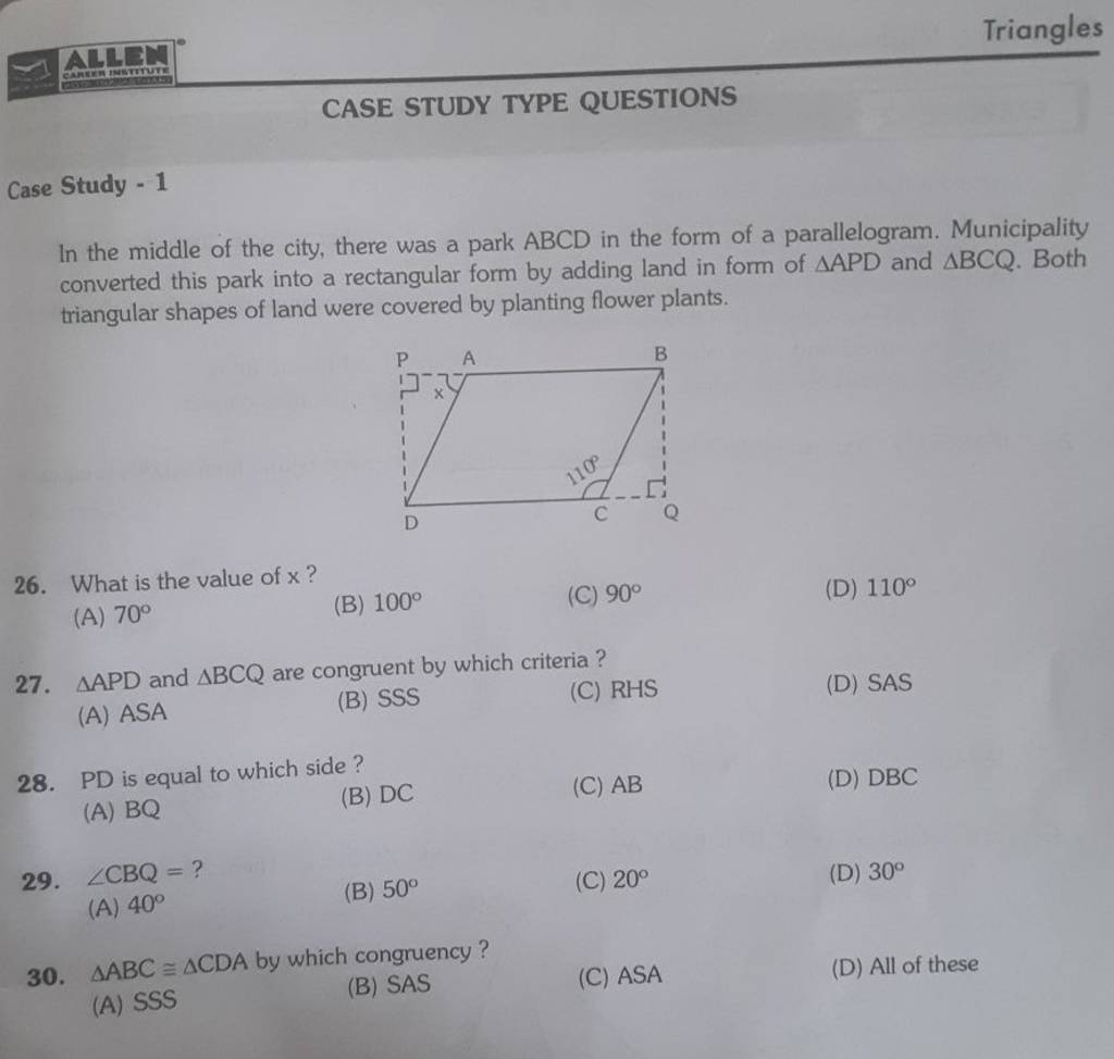 Triangles CASE STUDY TYPE QUESTIONS Case Study - 1 In the middle of the c..