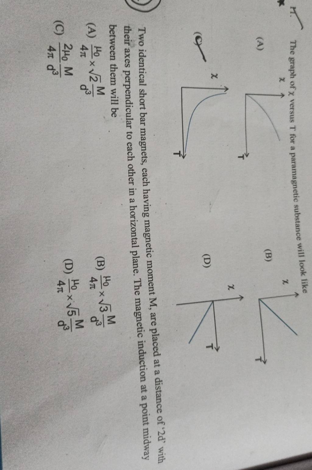 The graph of χ versus T for a paramagnetic substance will look like x..