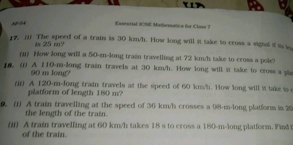 AP 54 Essential ICSE Mathematics For Class 7 17 I The Speed Of A Trai Ap 54 essential icse mathematics for class 7 17 i the speed of a trai